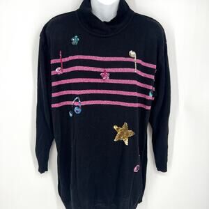 VTG Mondi Germany Black Mock Neck Sweater Sequined Music Theme Both Sides Sz 38